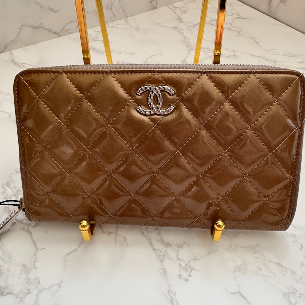 Authentic CHANEL Quilted Patent Leather Zip Around Wallet - Bronze/Brown